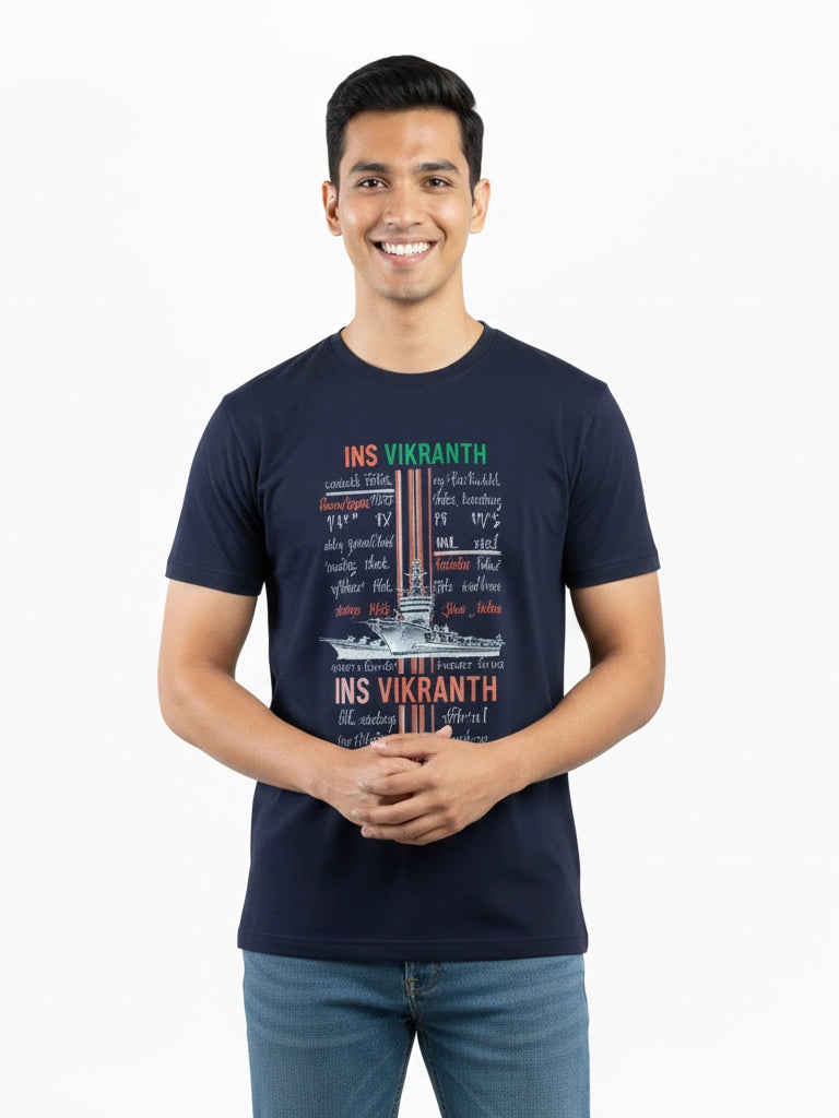 Men’s Round Neck Front & Back Printed Cotton T Shirts Front View - Dark Blue