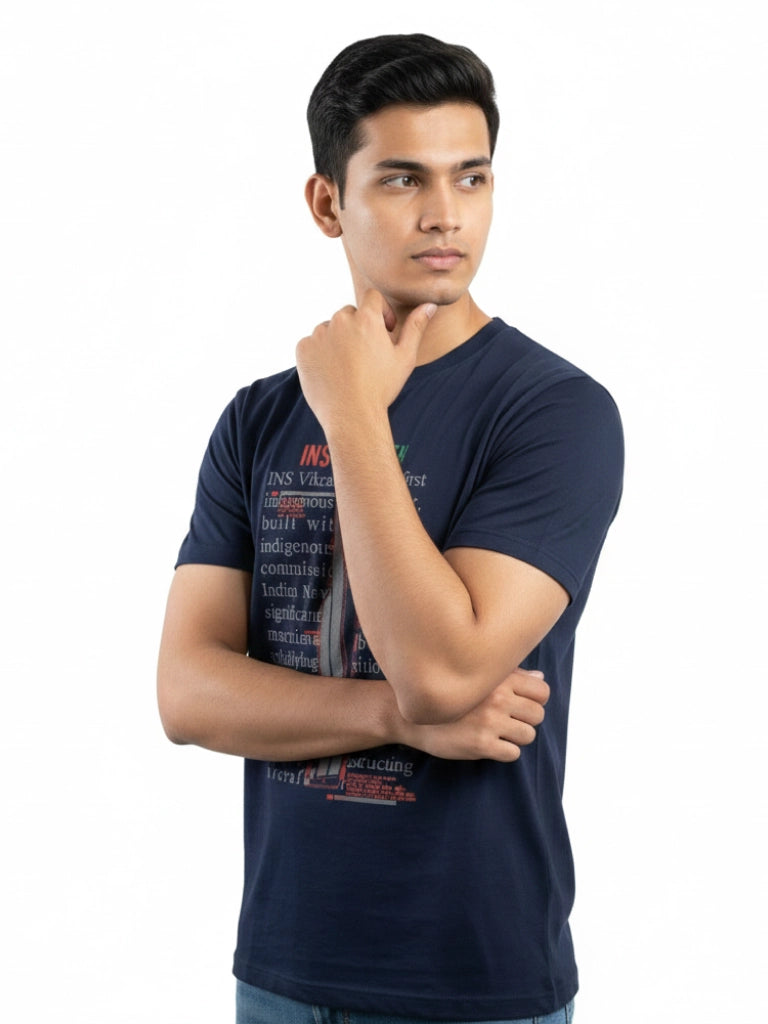 Men’s Round Neck Front & Back Printed Cotton T Shirts Right View - Dark Blue