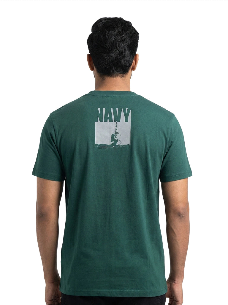 Men’s Round Neck Front & Back Printed Cotton T Shirts Back View - Green