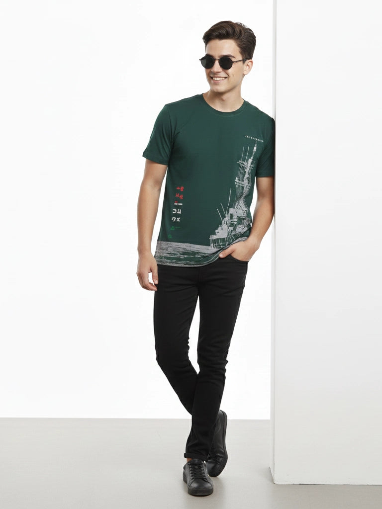 Men’s Round Neck Front & Back Printed Cotton T Shirts Full View - Green