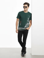 Men’s Round Neck Front & Back Printed Cotton T Shirts Full View - Green
