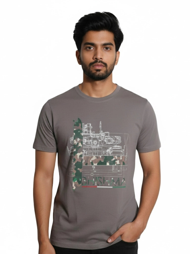 Men’s Round Neck Front & Back Printed Cotton T Shirts Front View - Gray