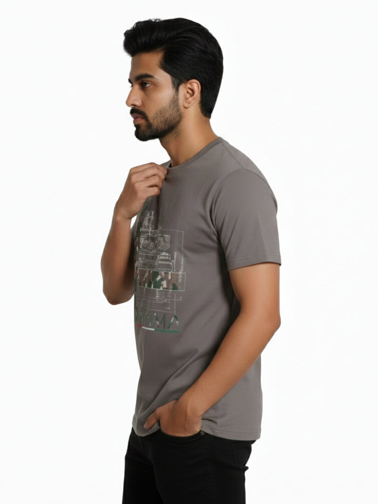 Men’s Round Neck Front & Back Printed Cotton T Shirts Left View - Gray