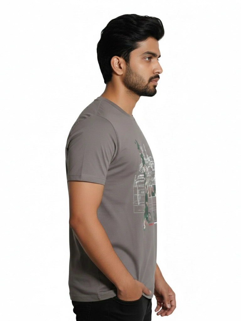 Men’s Round Neck Front & Back Printed Cotton T Shirts Right View - Gray