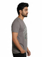 Men’s Round Neck Front & Back Printed Cotton T Shirts Right View - Gray