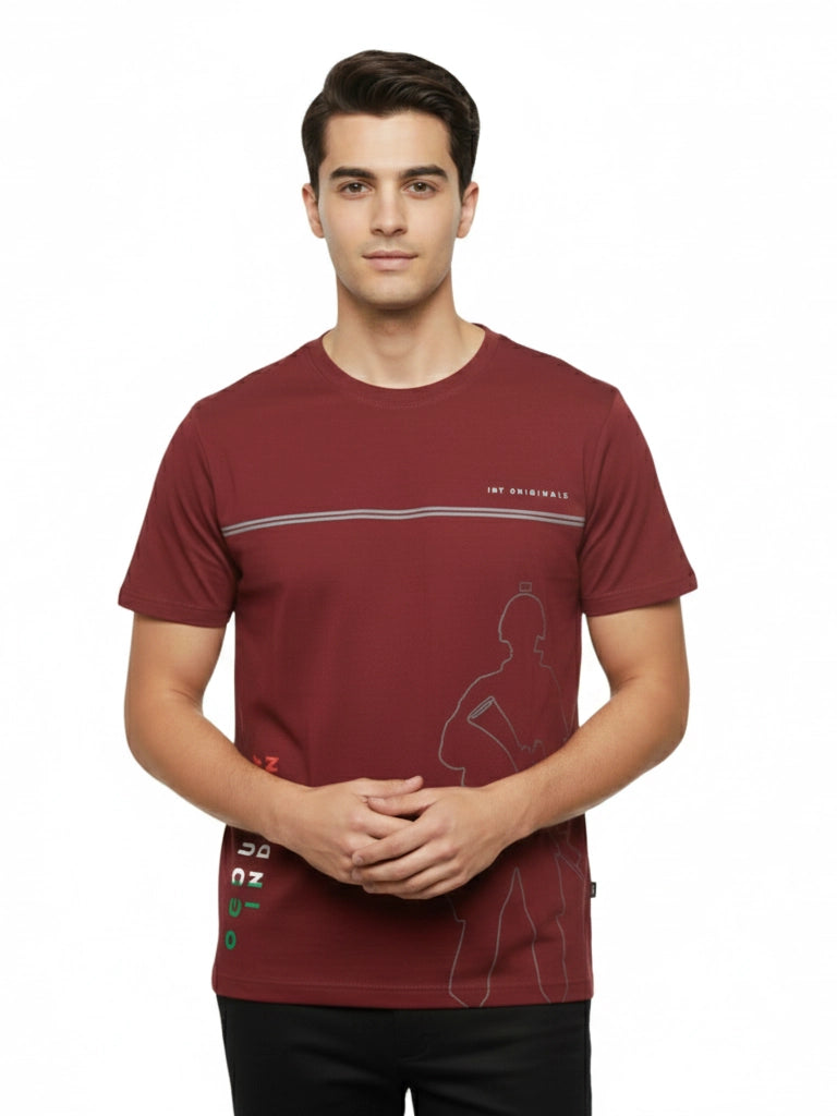 Shop Men's Round Neck Front and Back Printed T Shirt Front View - Maroon