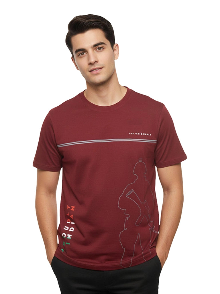 Shop Men's Round Neck Front and Back Printed T Shirt Front View - Maroon