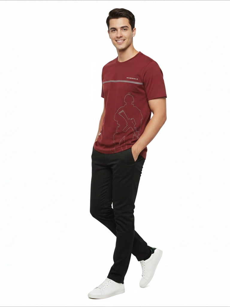 Men’s Round Neck Front & Back Printed Cotton T Shirts Full View - Maroon