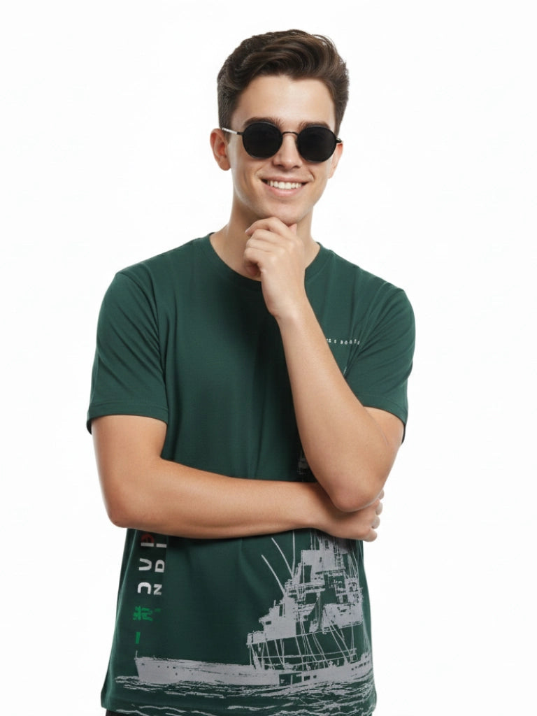 Men’s Round Neck Front & Back Printed Cotton T Shirts Smile Look - Green