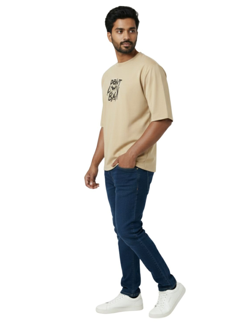 Shop Men Drop Down Shoulder Graphic Printed T Shirt Front View - Beige