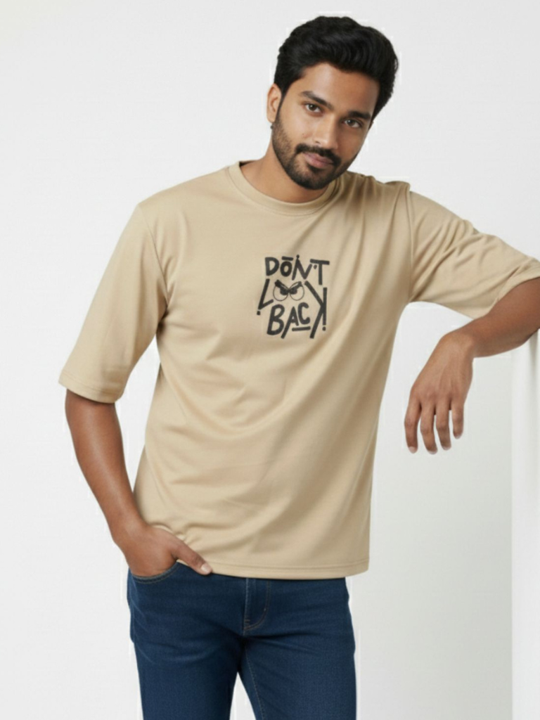 Shop Men Drop Down Shoulder Graphic Printed T Shirt Front View - Beige