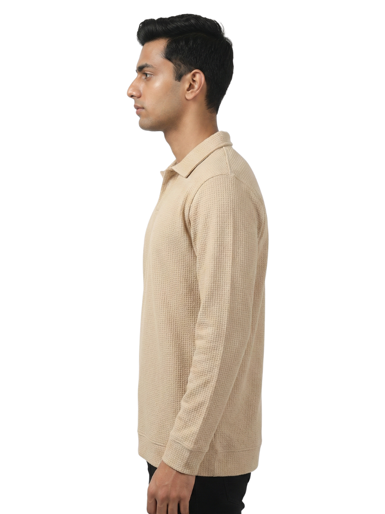 Men’s Textured Long Sleeve Zip Polo T-Shirt Zoom View - Beige