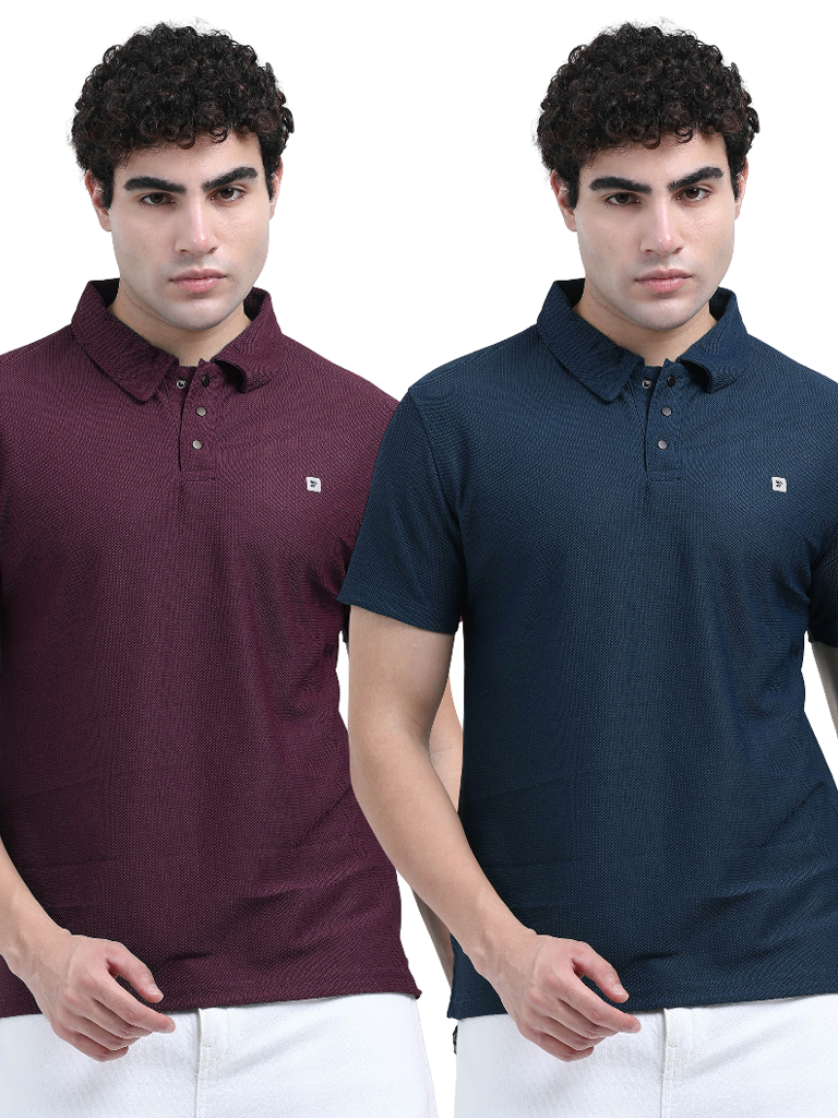 Shop Premium Solid Regular Fit Combo Polo Tees For Men My IBX - Burgundy & Blue
