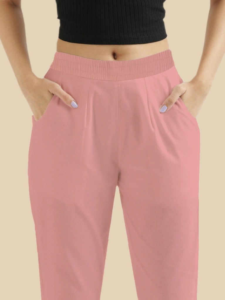 women's cotton pants beige pink color front view shop online - Beige Pink
