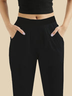 women's cotton pants black color front view shop online - Black