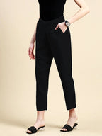women's cotton pants black color side view buy online - Black