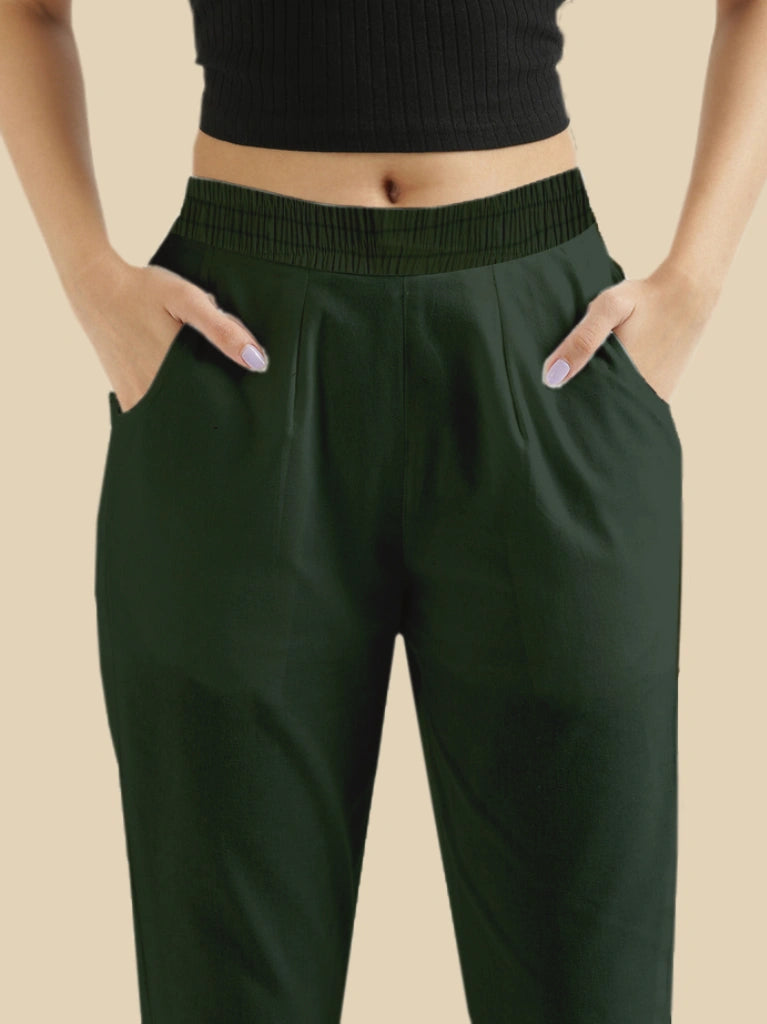 women's cotton pants bottle green color front view shop online - Bottle Green