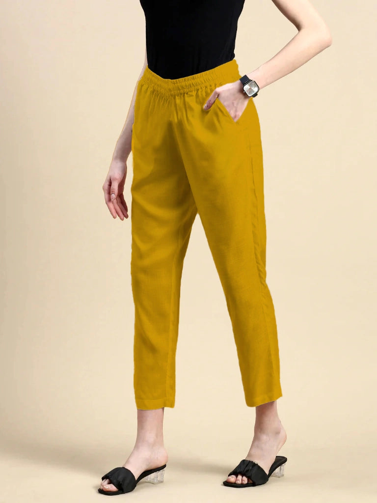 women's cotton pants gold color hipelastic view buy online - Gold