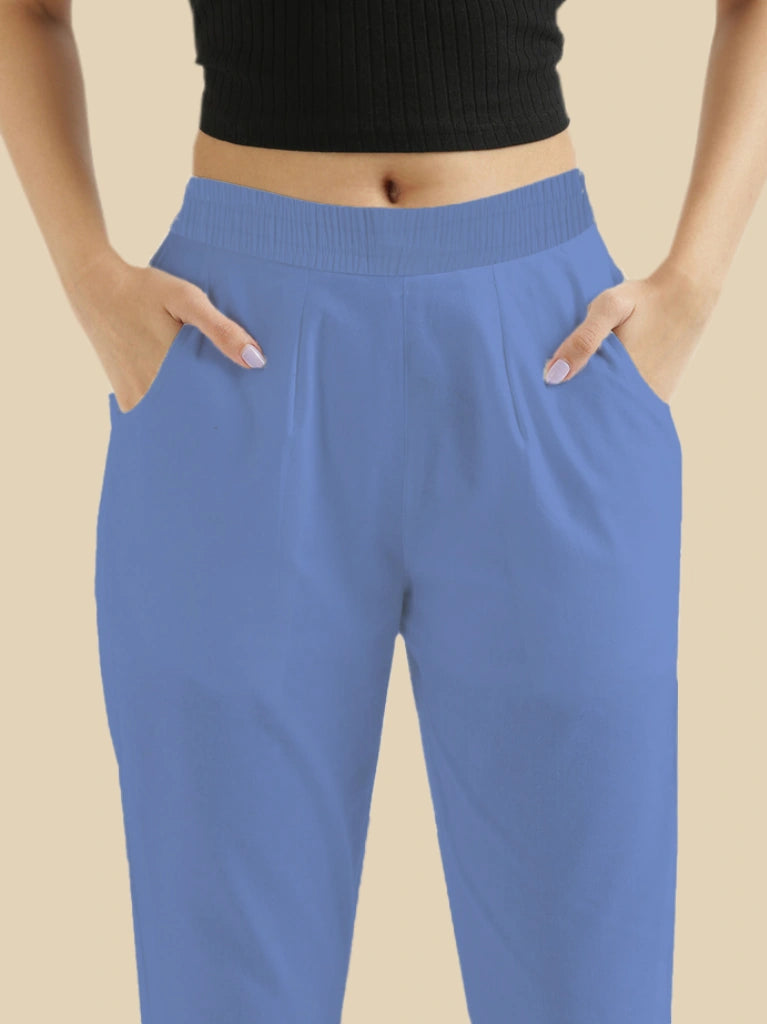 women's cotton pants light blue color hipelastic view buy online - Light Blue