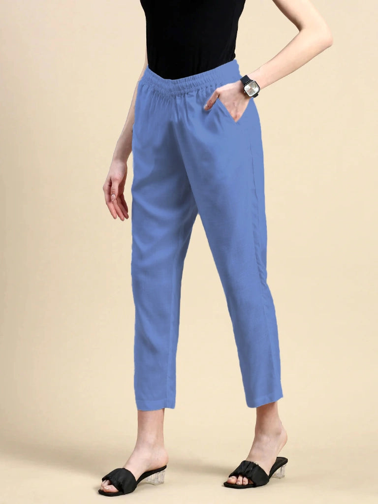 women's cotton pants light blue color front view shop online - Light Blue