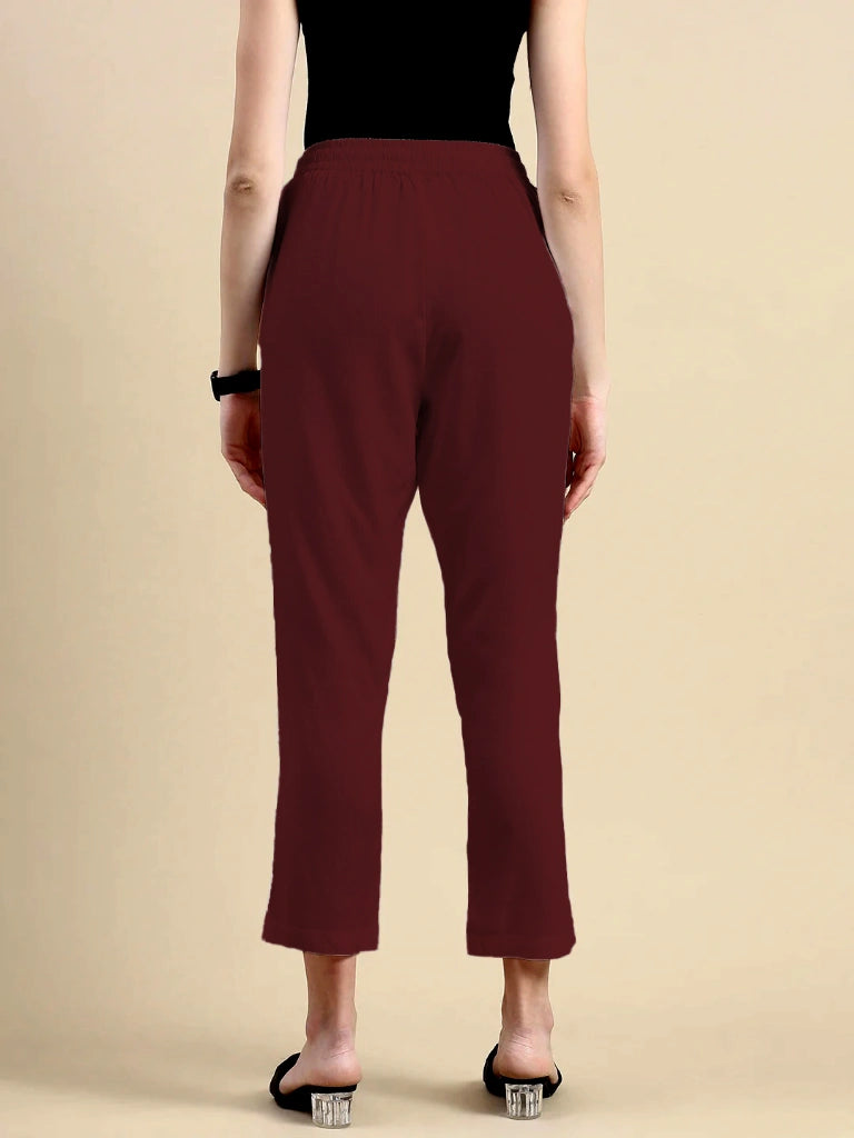 women's cotton pants maroon color back view shop online - Maroon