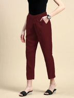 women's cotton pants maroon color side view buy online -  Maroon