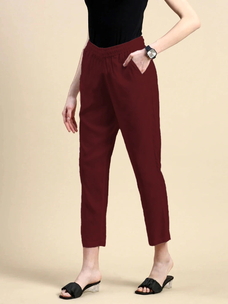 women's cotton pants maroon color side view buy online -  Maroon