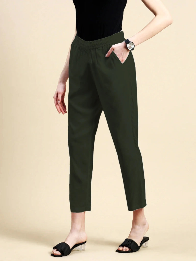 women's cotton pants olive green color side view buy online - Olive Green