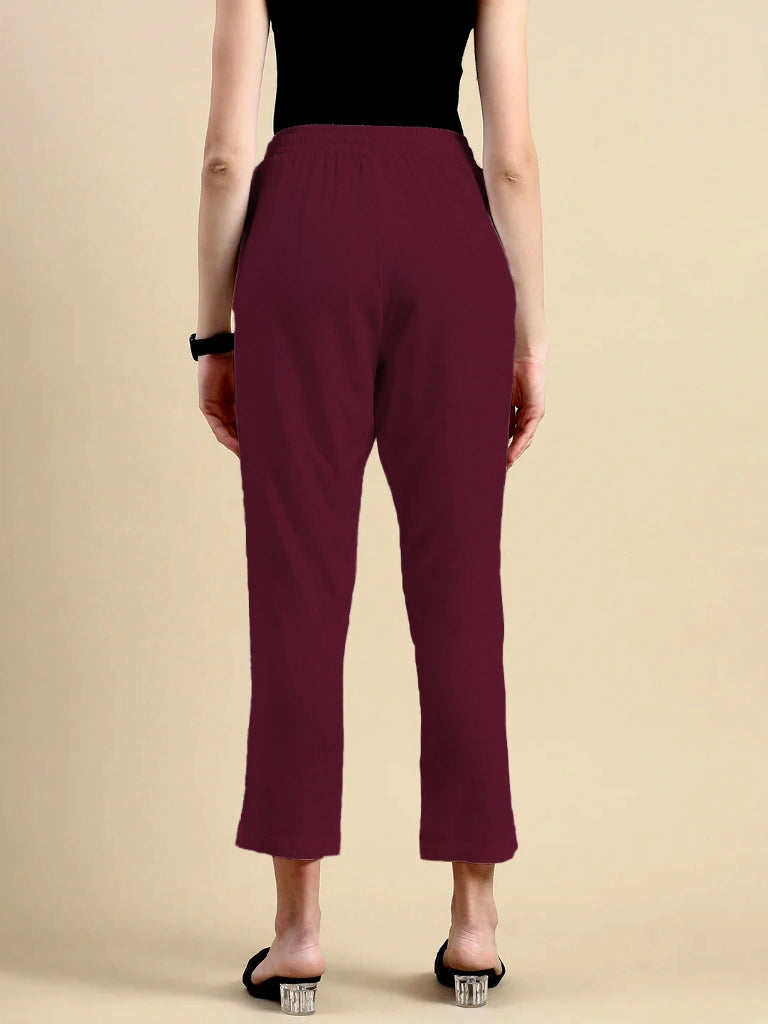women's cotton pants red wine color back view shop online - Red Wine