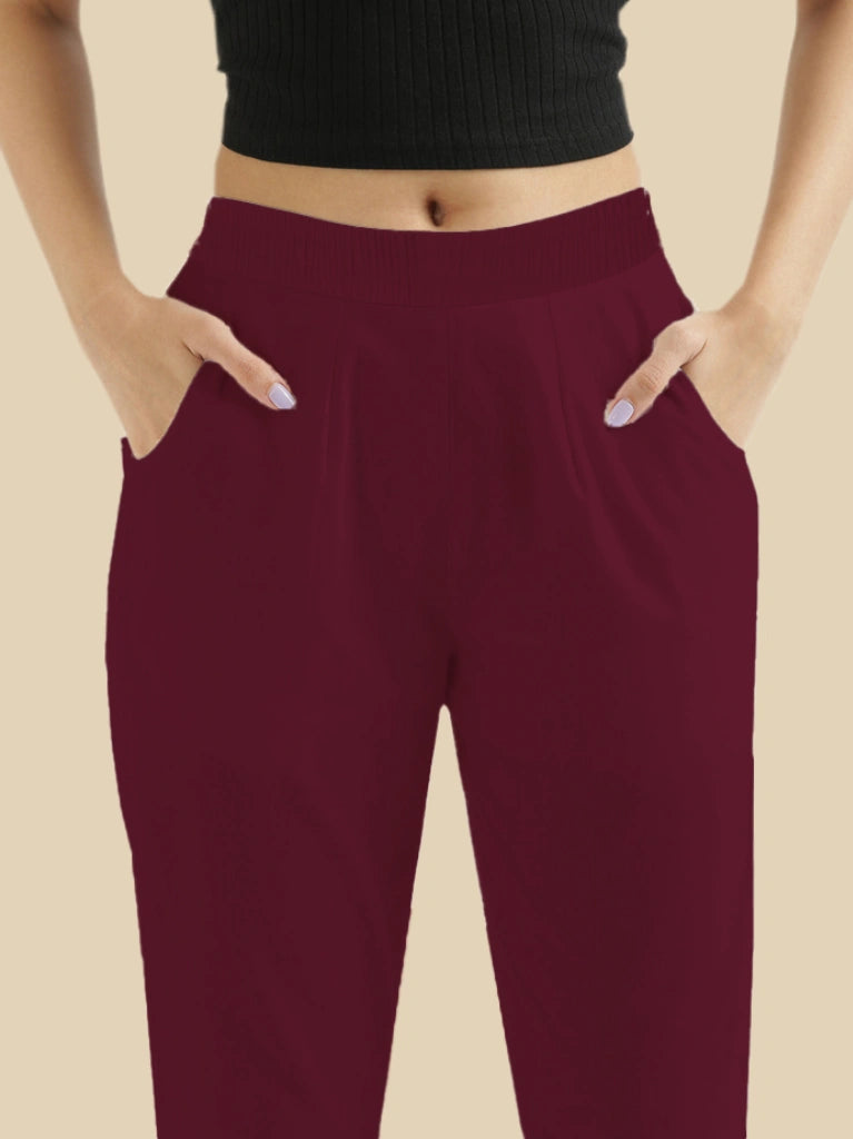 women's cotton pants red wine color front view shop online - Red Wine
