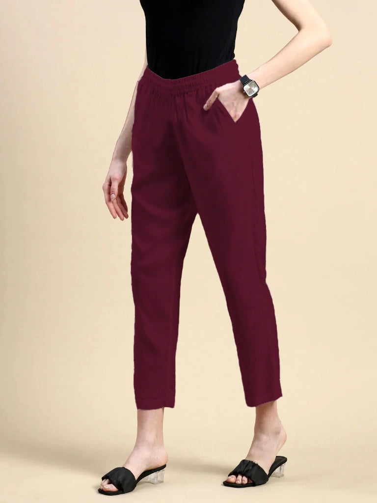 women's cotton pants red wine color side view buy online - Red Wine