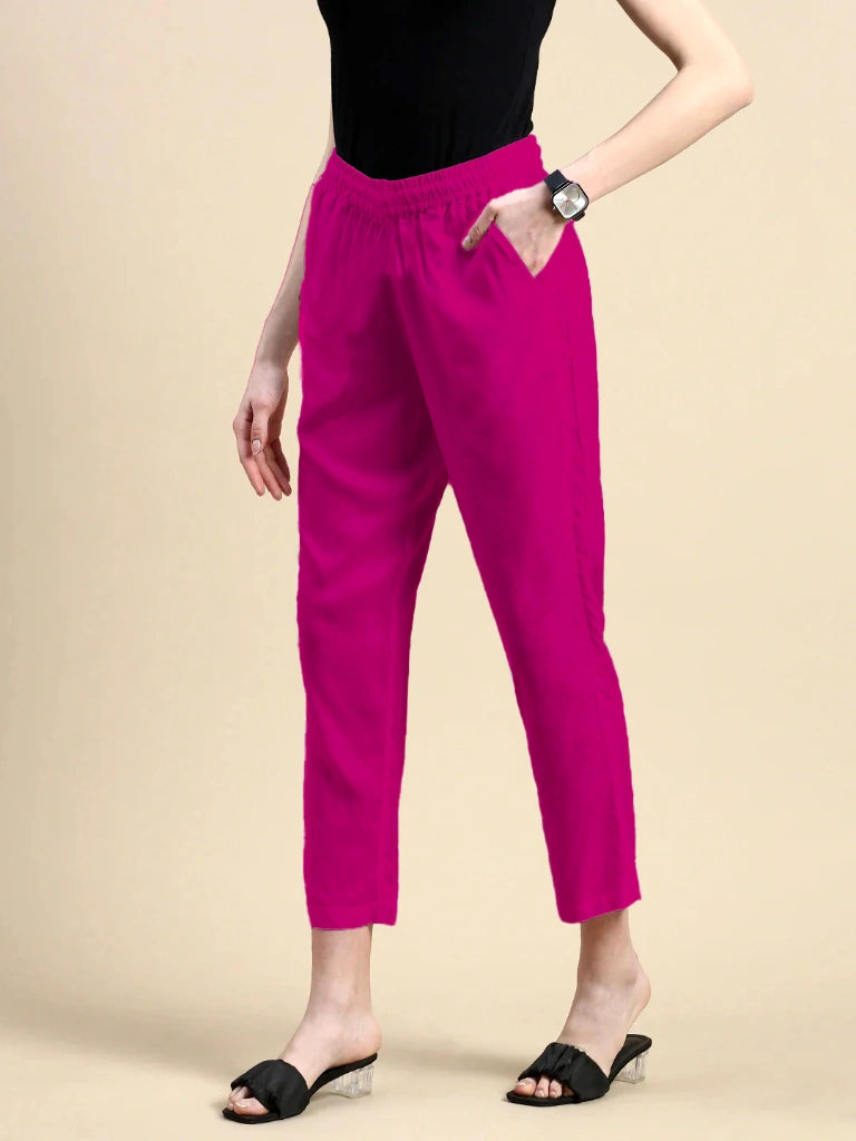women's cotton pants royal pink color side view buy online - Royal Pink